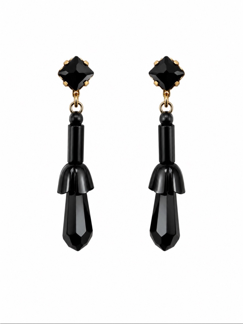 Vintage Black Faceted Drop Clip-On Earrings Gold Tone Statement Dangles